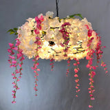 Round Cage Pendant Lamp With Floral Accents - Rustic Metal Chandelier 3 Lights White / 25.5’