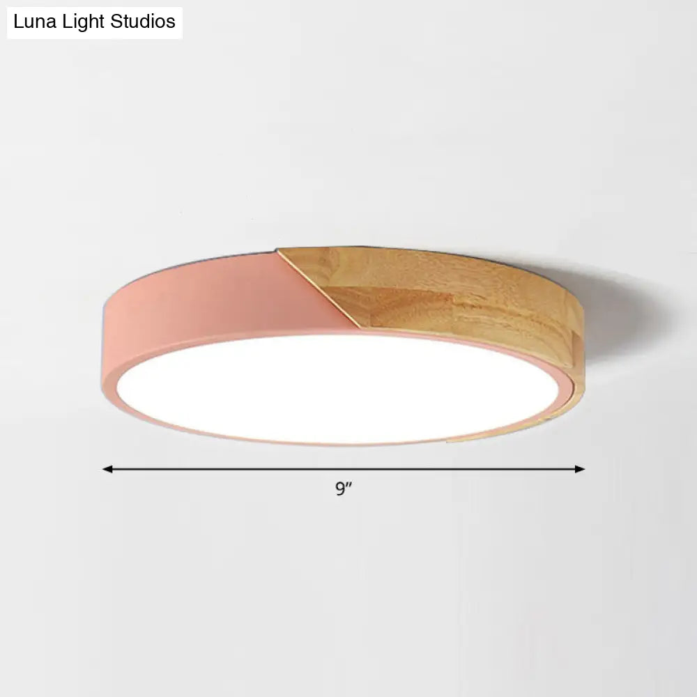 Round Led Macaron Ceiling Light With Acrylic Shade And Wood Accents