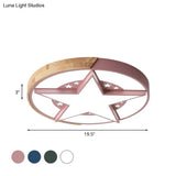 Round Metal Led Macaron Flush Mount Ceiling Light In White/Pink/Blue And Wood For Star - Themed