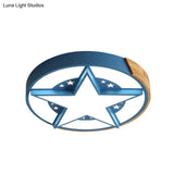 Round Metal Led Macaron Flush Mount Ceiling Light In White/Pink/Blue And Wood For Star - Themed