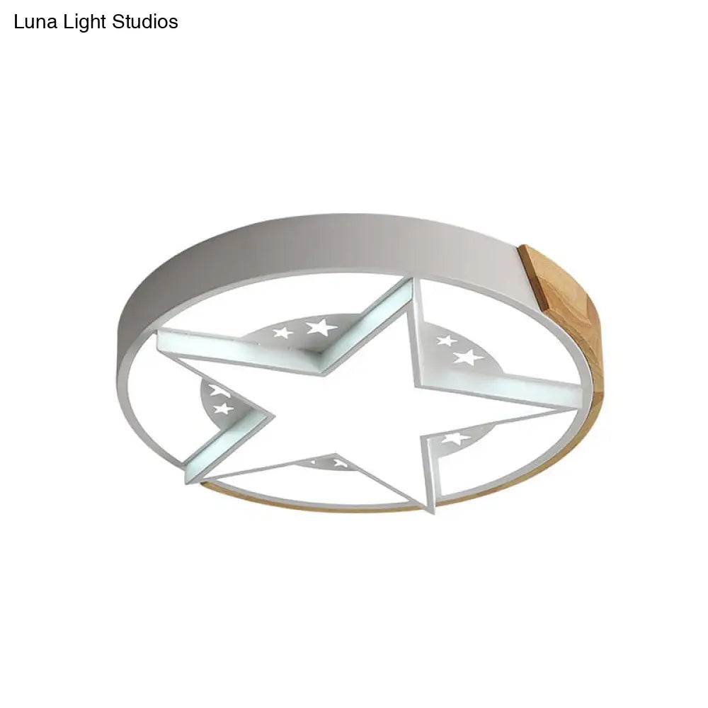 Round Metal Led Macaron Flush Mount Ceiling Light In White/Pink/Blue And Wood For Star - Themed