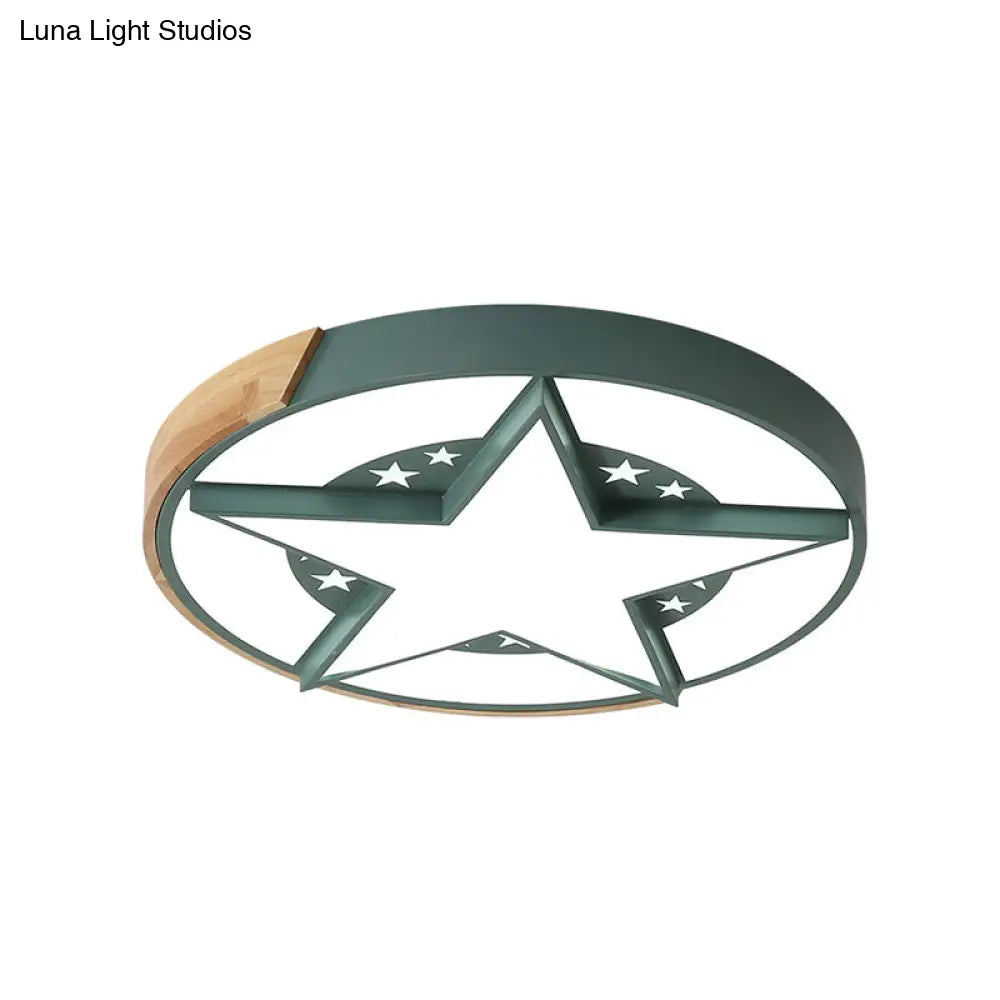 Round Metal Led Macaron Flush Mount Ceiling Light In White/Pink/Blue And Wood For Star - Themed