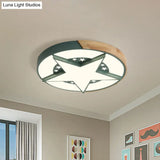 Round Metal Led Macaron Flush Mount Ceiling Light In White/Pink/Blue And Wood For Star - Themed