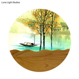 Round Metal Wall Mural Light 9.5/11 Wide Asia Style Led Wood Mounted Lighting With Boat And Tree