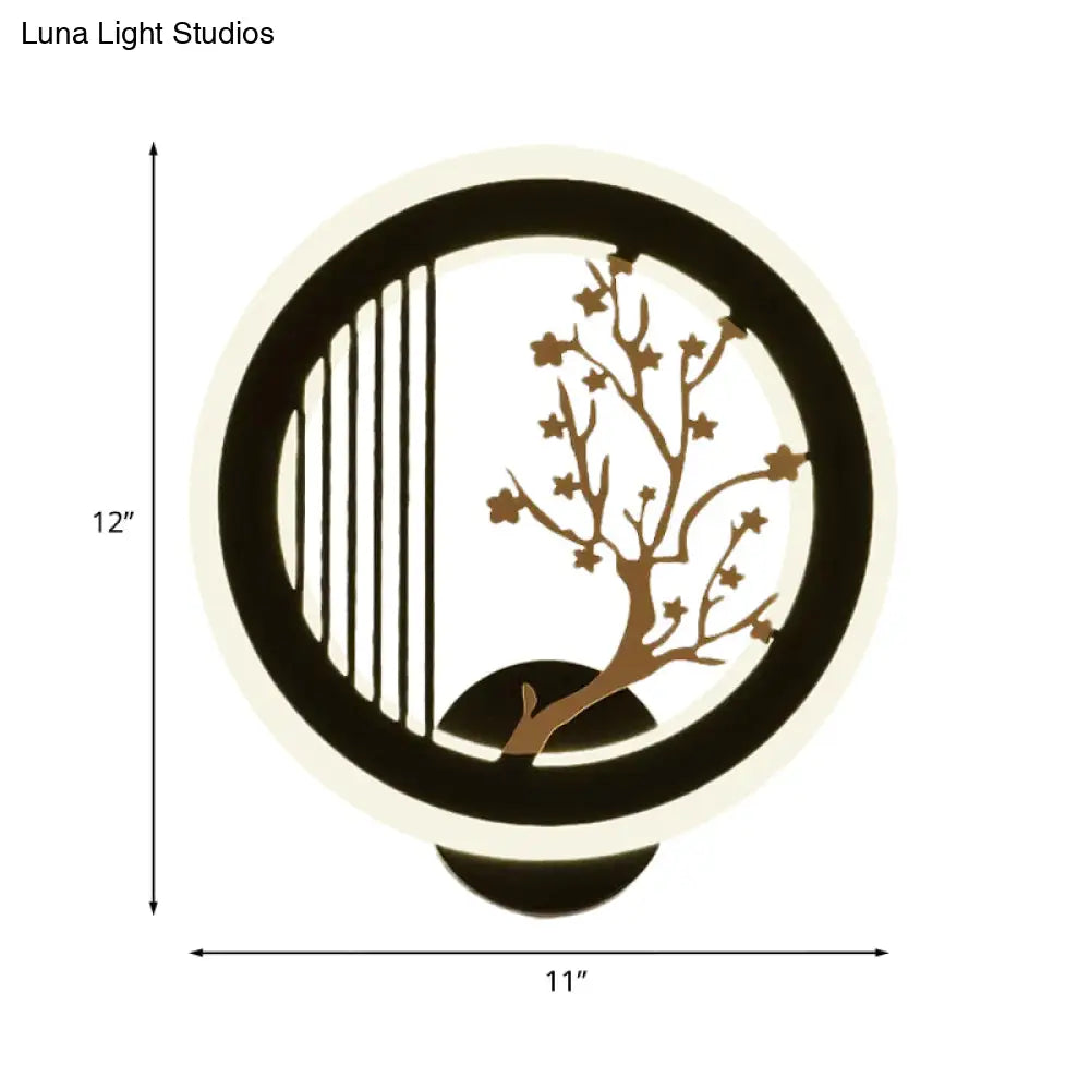 Round Wall Mounted Led Light With Acrylic Shade - Black Plum Tree/Bamboo Design