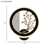 Round Wall Mounted Led Light With Acrylic Shade - Black Plum Tree/Bamboo Design