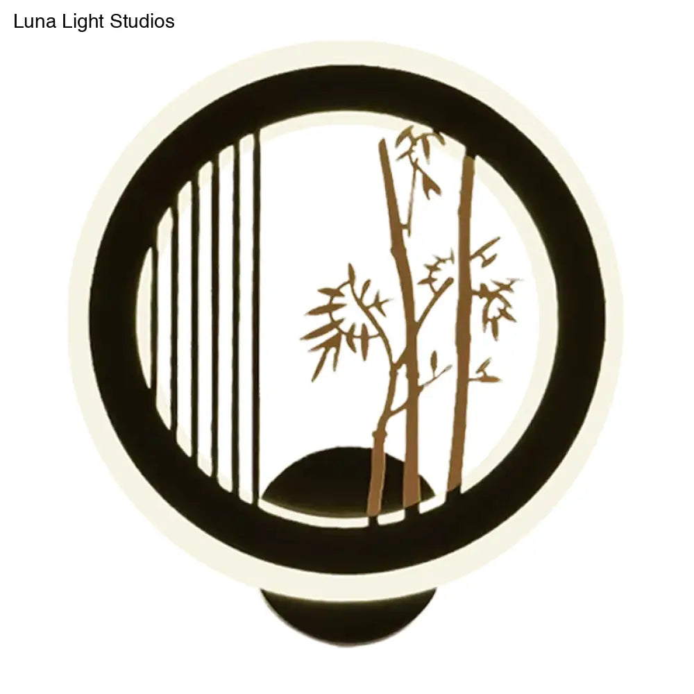 Round Wall Mounted Led Light With Acrylic Shade - Black Plum Tree/Bamboo Design