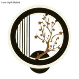 Round Wall Mounted Led Light With Acrylic Shade - Black Plum Tree/Bamboo Design