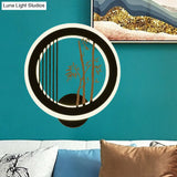 Round Wall Mounted Led Light With Acrylic Shade - Black Plum Tree/Bamboo Design