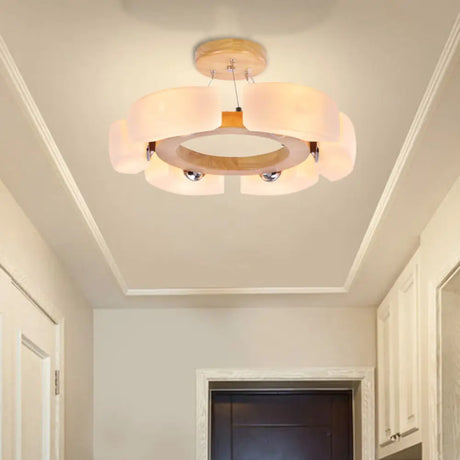 Round Wooden Flush Mount Ceiling Light With 4/6 Lights In Warm/White Modern Style 6 / White