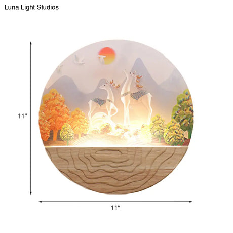 Rounded Elk & Mountain Mural Lamp - Minimalist Led Wall Fixture With Wood Accents