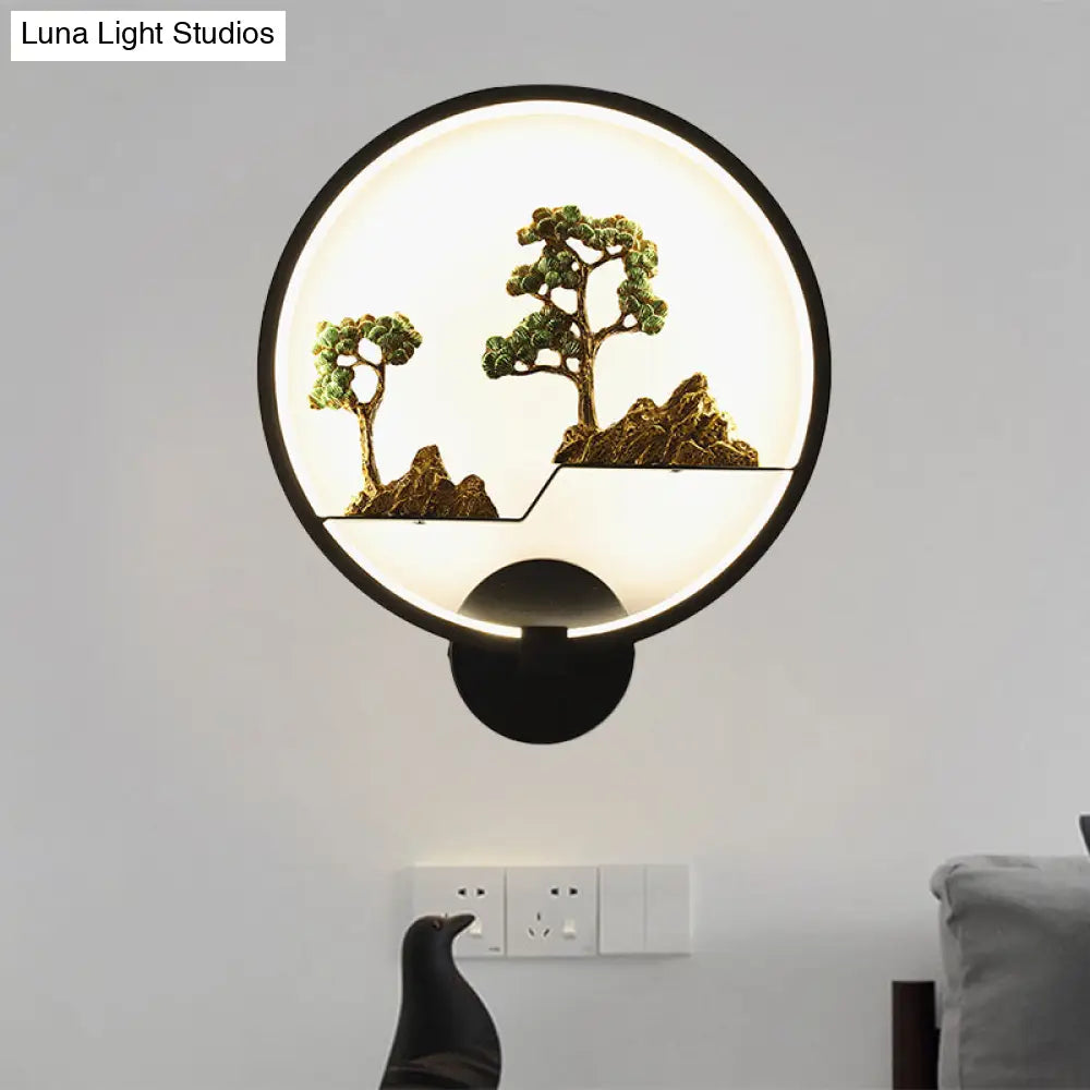 Rounded Natural Scenery Mural Acrylic Led Wall Mounted Light In Black - Asia Style