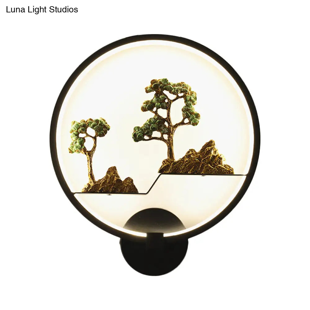 Rounded Natural Scenery Mural Acrylic Led Wall Mounted Light In Black - Asia Style