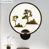 Rounded Natural Scenery Mural Acrylic Led Wall Mounted Light In Black - Asia Style