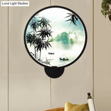 Rounded Natural Scenery Mural Acrylic Led Wall Mounted Light In Black - Asia Style