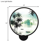 Rounded Natural Scenery Mural Acrylic Led Wall Mounted Light In Black - Asia Style