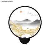 Rounded Natural Scenery Mural Acrylic Led Wall Mounted Light In Black - Asia Style