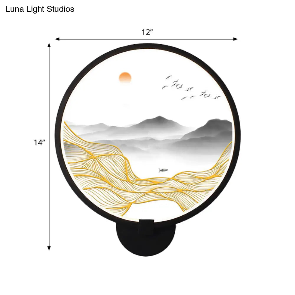 Rounded Natural Scenery Mural Acrylic Led Wall Mounted Light In Black - Asia Style