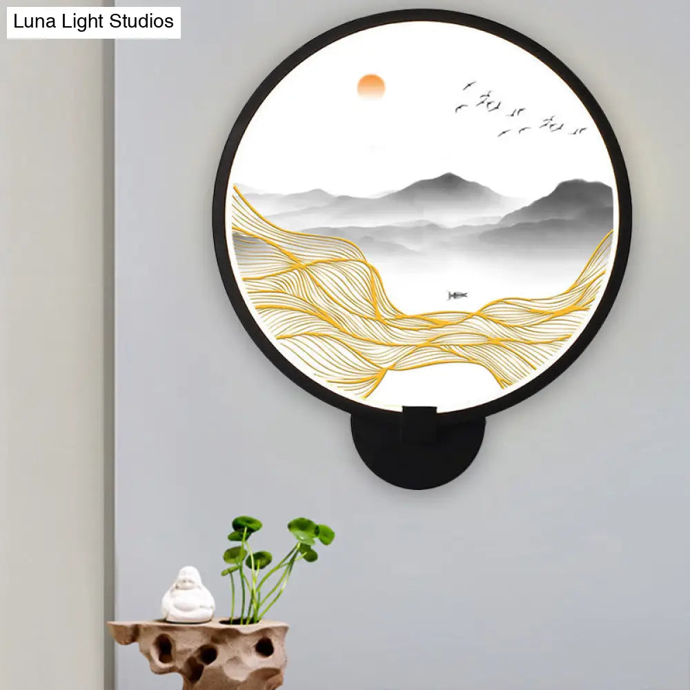 Rounded Natural Scenery Mural Acrylic Led Wall Mounted Light In Black - Asia Style