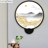 Rounded Natural Scenery Mural Acrylic Led Wall Mounted Light In Black - Asia Style