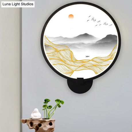 Rounded Natural Scenery Mural Acrylic Led Wall Mounted Light In Black - Asia Style