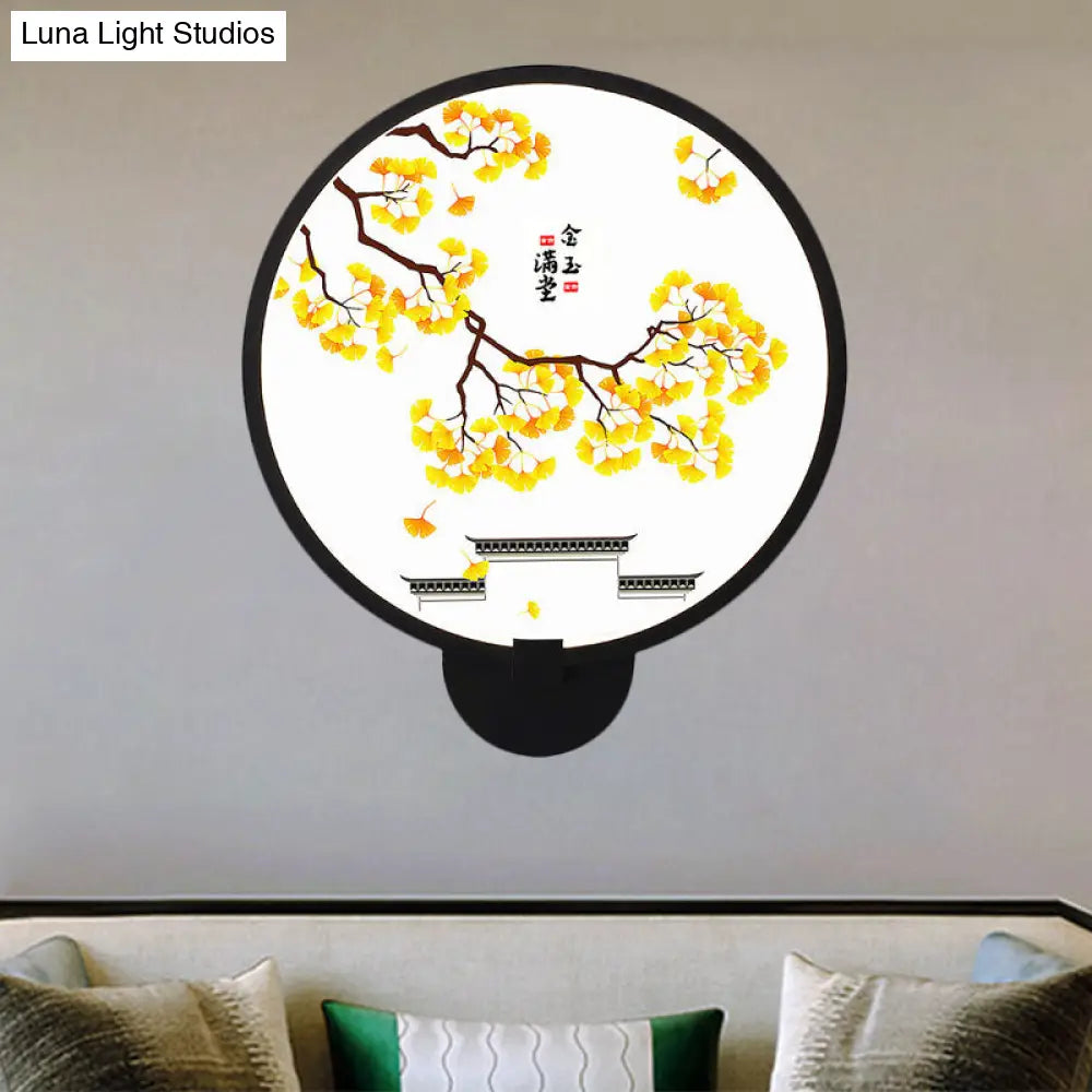 Rounded Natural Scenery Mural Acrylic Led Wall Mounted Light In Black - Asia Style