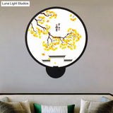 Rounded Natural Scenery Mural Acrylic Led Wall Mounted Light In Black - Asia Style