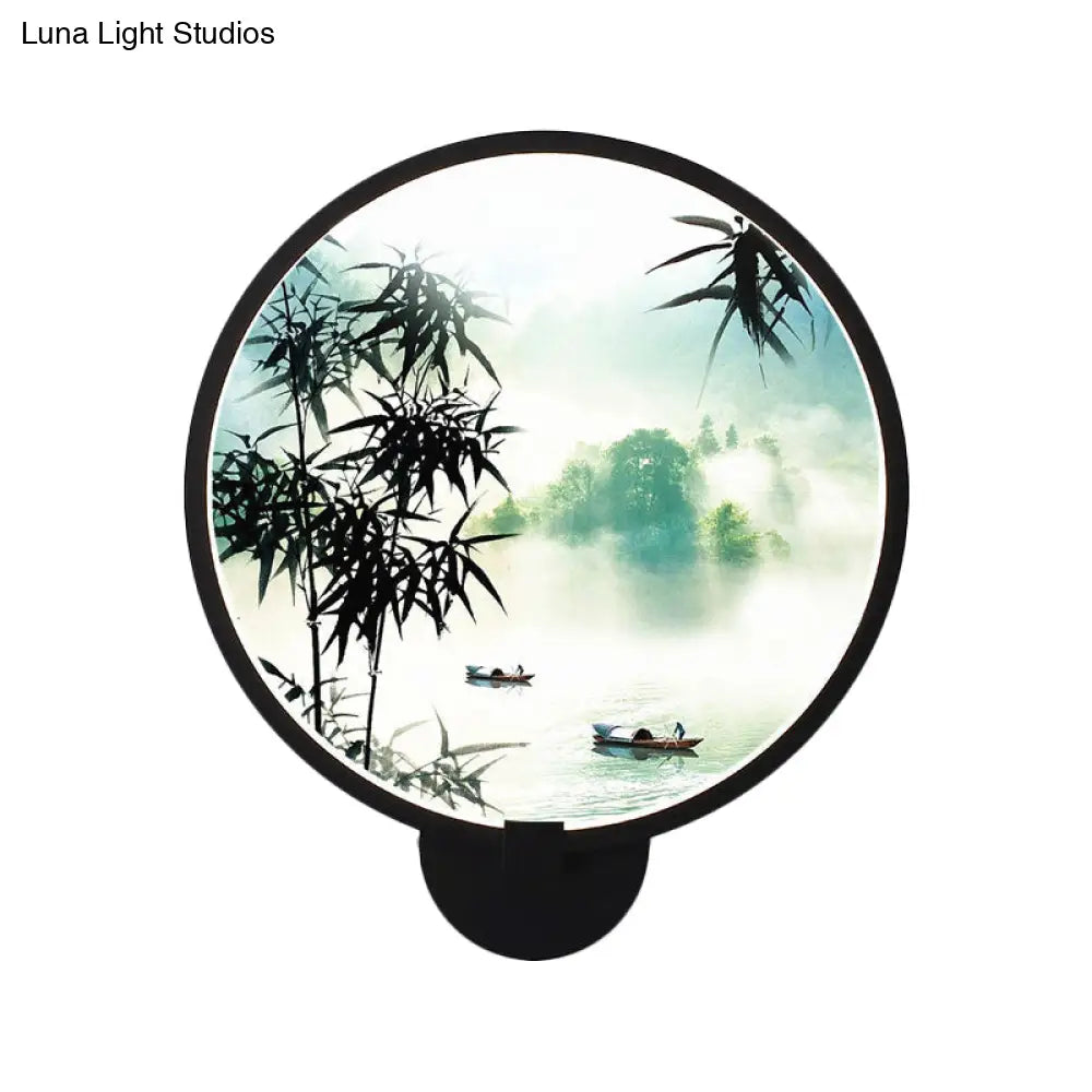 Rounded Natural Scenery Mural Acrylic Led Wall Mounted Light In Black - Asia Style