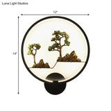 Rounded Natural Scenery Mural Acrylic Led Wall Mounted Light In Black - Asia Style