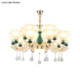 Ruffle Bell Glass Chandelier Light With Hanging Green Crystals - Cream Suspension