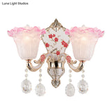 Ruffle Glass Sconce Lamp With Crystal Accents - Modern Pink-White Wall Light Fixture (2 Pack)