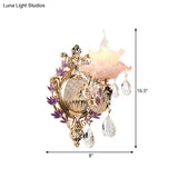 Ruffle Purple Glass Sconce Lamp - Countryside 1/2-Light Wall Mount Lighting With K9 Crystal Drop