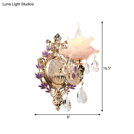 Ruffle Purple Glass Sconce Lamp - Countryside 1/2-Light Wall Mount Lighting With K9 Crystal Drop