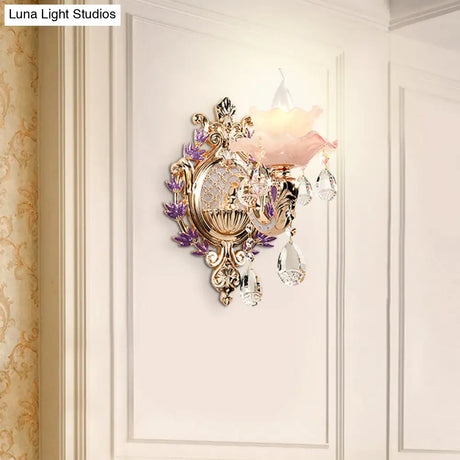 Ruffle Purple Glass Sconce Lamp - Countryside 1/2-Light Wall Mount Lighting With K9 Crystal Drop