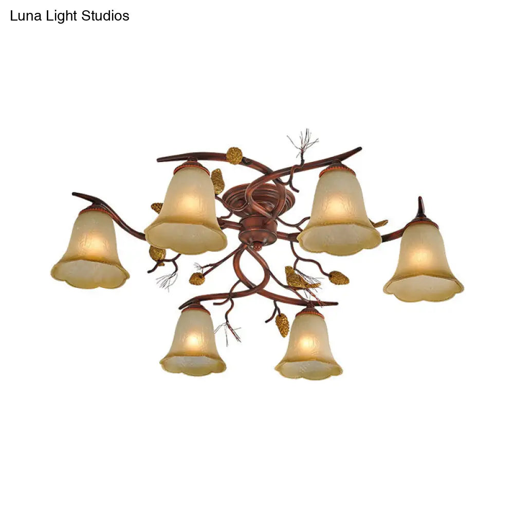 Rural Amber Glass 6-Head Semi-Flush Chandelier With Pinecone Decoration For Dining Room Ceiling