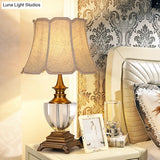 Rural Beige Fabric Nightstand Table With Crystal Accent And Bell Shaped Night Light