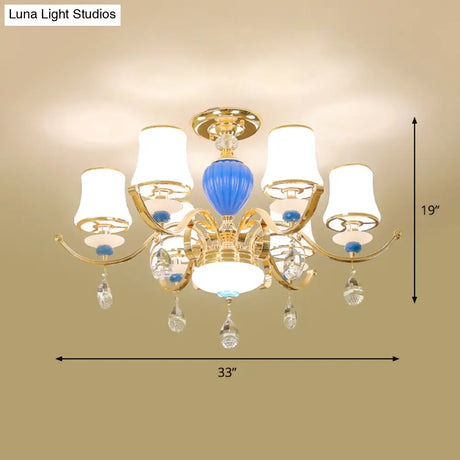 Rural Bell Semi Flush Mount Chandelier - Opal Glass 3/6/8 Head Ceiling Lamp With Crystal Drops