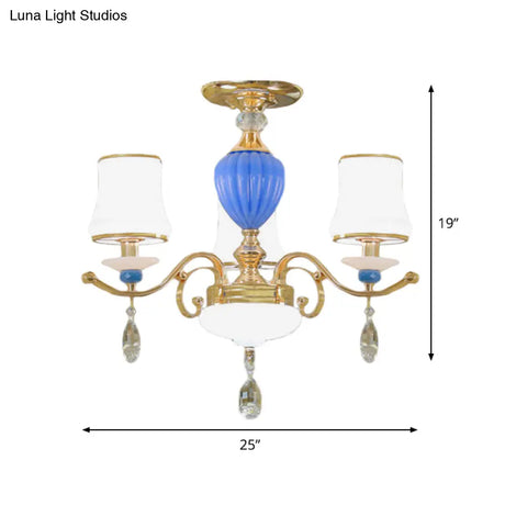 Rural Bell Semi Flush Mount Chandelier - Opal Glass 3/6/8 Head Ceiling Lamp With Crystal Drops