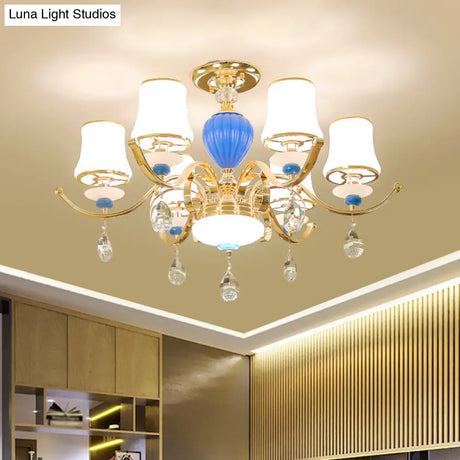 Rural Bell Semi Flush Mount Chandelier - Opal Glass 3/6/8 Head Ceiling Lamp With Crystal Drops