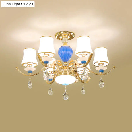 Rural Bell Semi Flush Mount Chandelier - Opal Glass 3/6/8 Head Ceiling Lamp With Crystal Drops