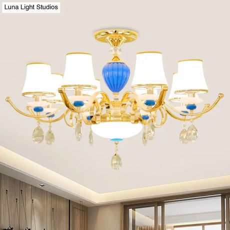 Rural Bell Semi Flush Mount Chandelier - Opal Glass 3/6/8 Head Ceiling Lamp With Crystal Drops