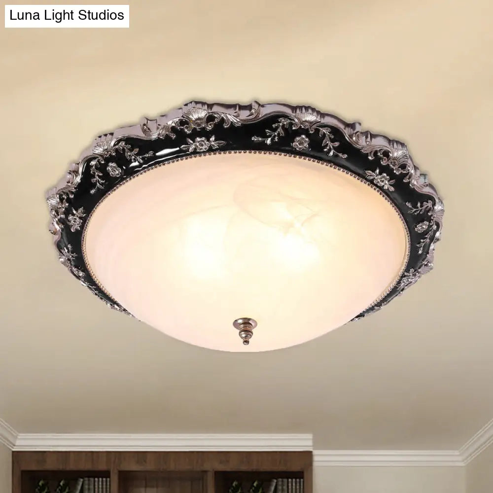 Rural Black Domed Flush Mount Lamp With Frosted Glass Ceiling And Leave/Flower Deco 3 - Light