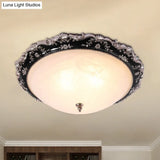 Rural Black Domed Flush Mount Lamp With Frosted Glass Ceiling And Leave/Flower Deco 3 - Light
