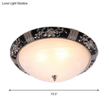 Rural Black Domed Flush Mount Lamp With Frosted Glass Ceiling And Leave/Flower Deco 3 - Light