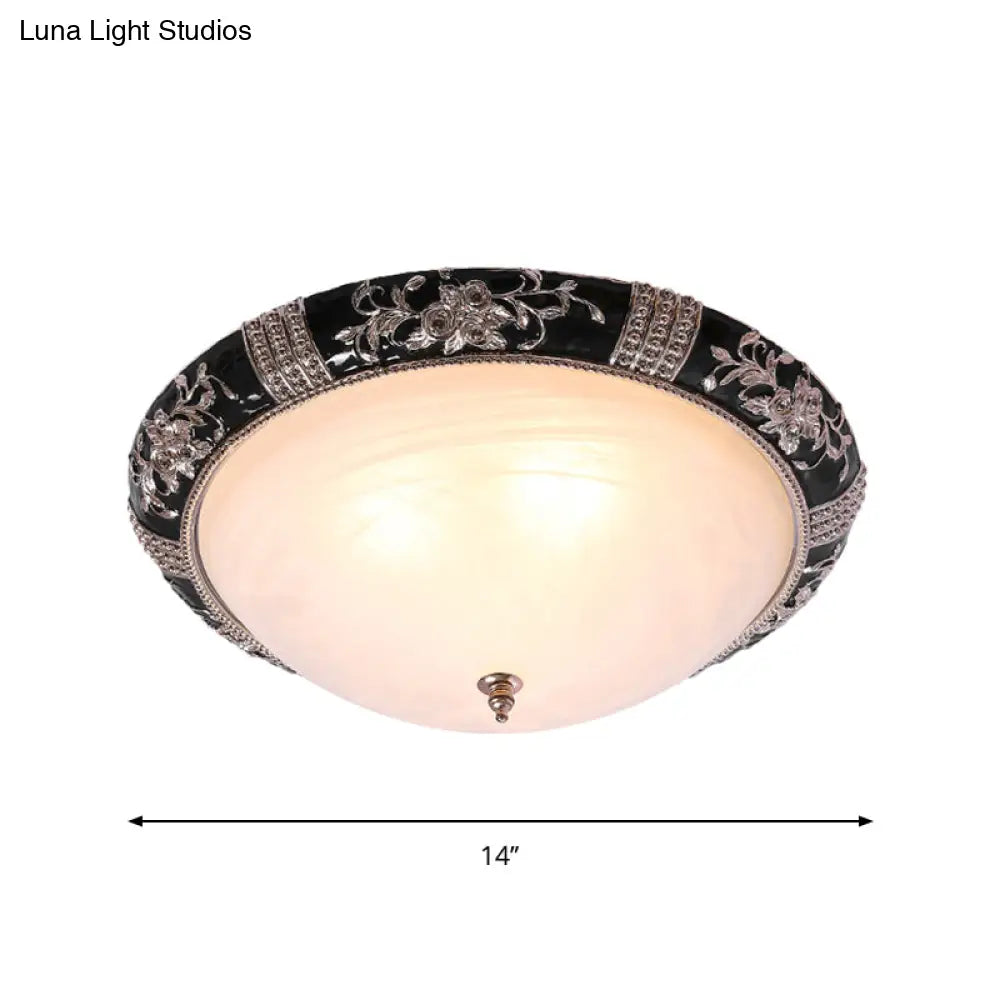 Rural Black Domed Flush Mount Lamp With Frosted Glass Ceiling And Leave/Flower Deco 3 - Light
