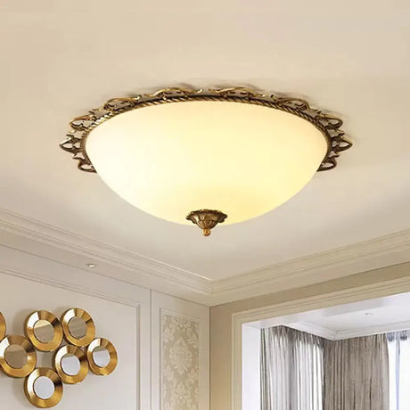 Rural Brass Flush Mount Ceiling Lamp With Frosted White Glass - 3/5 Bulbs Half - Globe Design 5 /