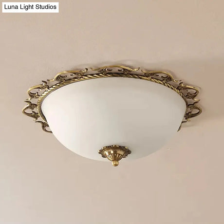 Rural Brass Flush Mount Ceiling Lamp With Frosted White Glass - 3/5 Bulbs Half - Globe Design