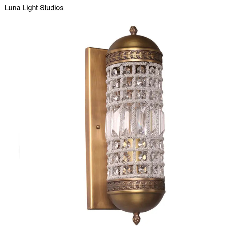 Rural Crystal Cylinder Wall Sconce In Brass - 1-Light Indoor Fixture