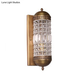 Rural Crystal Cylinder Wall Sconce In Brass - 1-Light Indoor Fixture