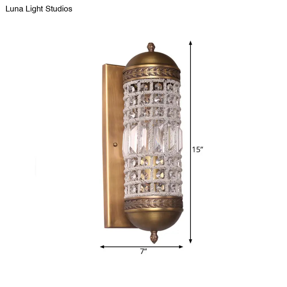Rural Crystal Cylinder Wall Sconce In Brass - 1-Light Indoor Fixture